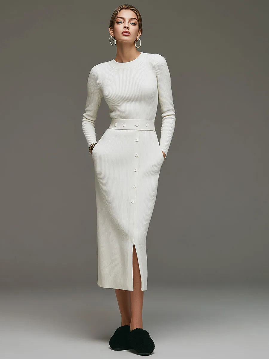 Fashionable Retro White Knitted Long-sleeved Slit Midi Dress sold by Oyrosy product image thumbnail 2