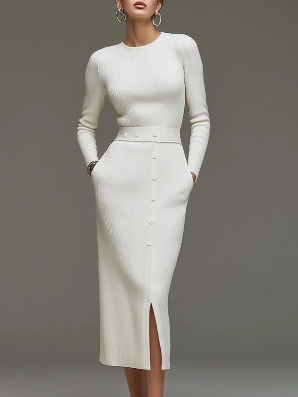 Fashionable Retro White Knitted Long-sleeved Slit Midi Dress sold by Oyrosy