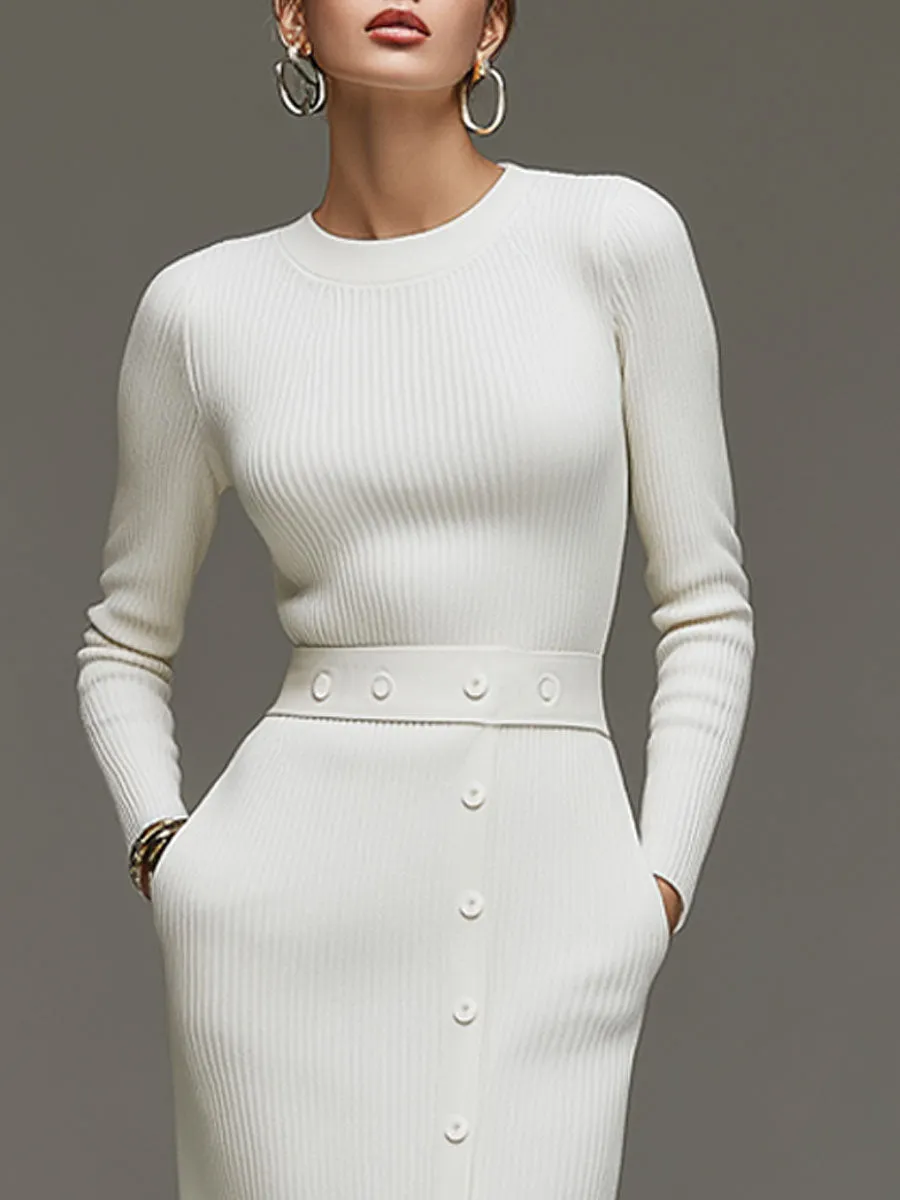 Fashionable Retro White Knitted Long-sleeved Slit Midi Dress sold by Oyrosy product image thumbnail 3