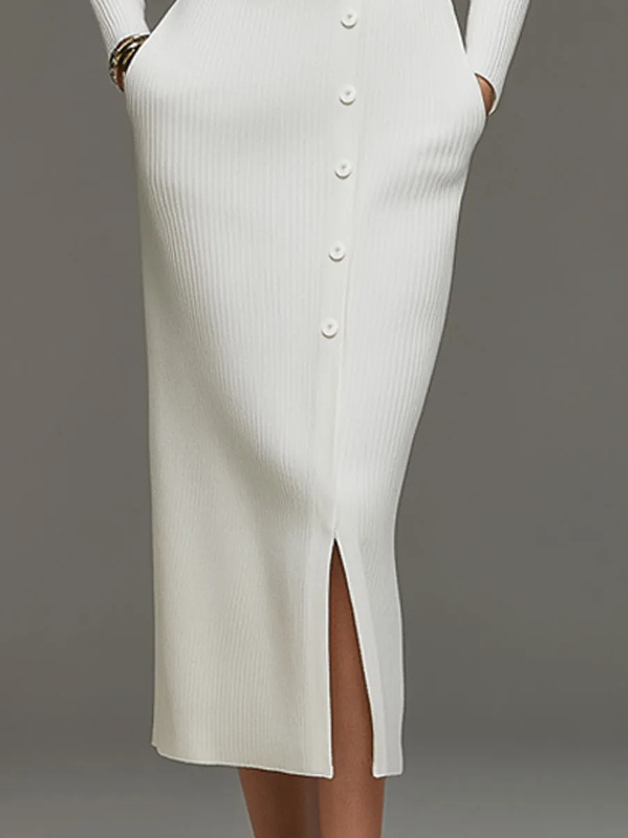 Fashionable Retro White Knitted Long-sleeved Slit Midi Dress sold by Oyrosy product image thumbnail 4
