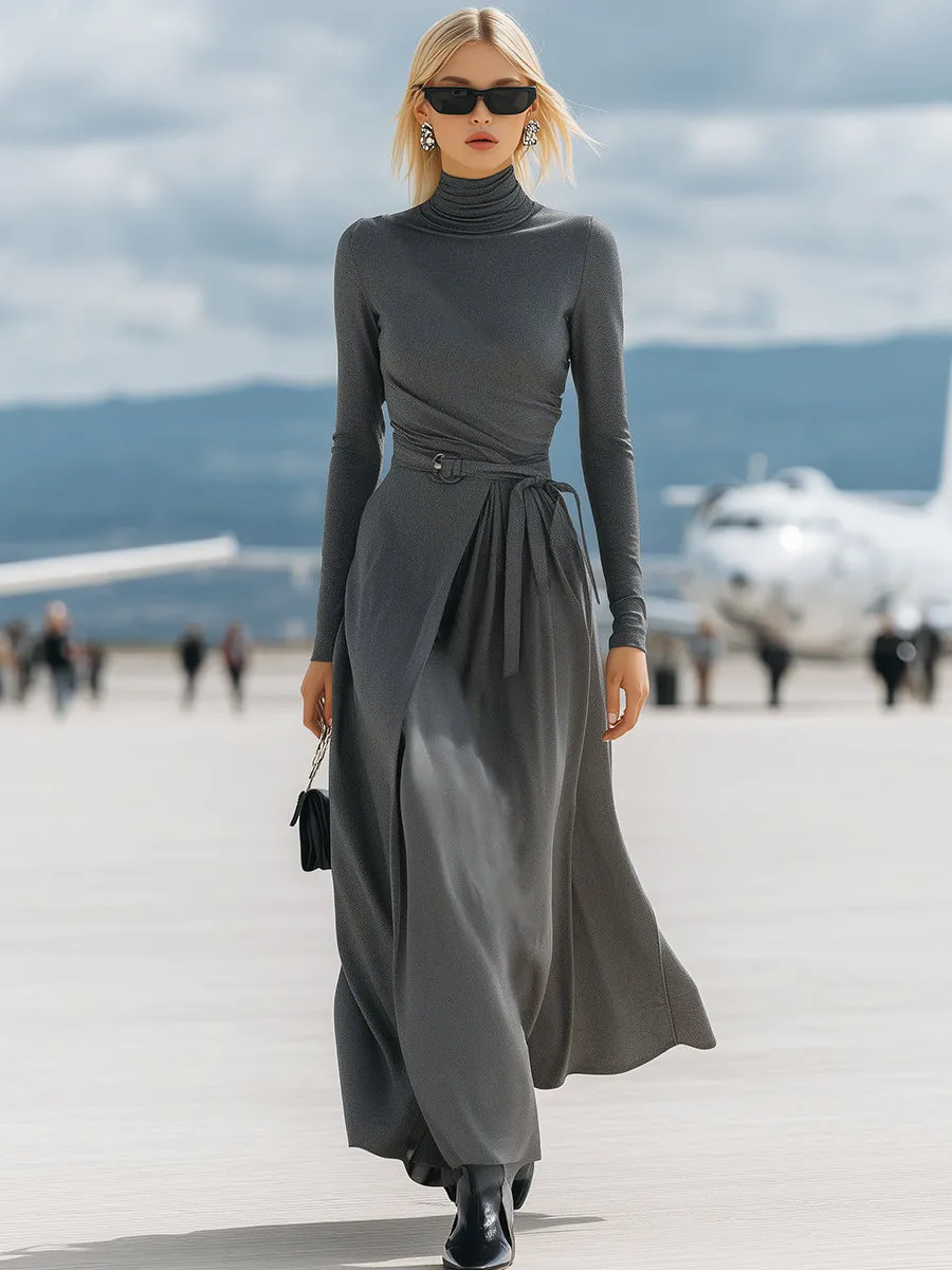 High-neck Casual Gray Tie-up Maxi Dress sold by Oyrosy product image thumbnail 2