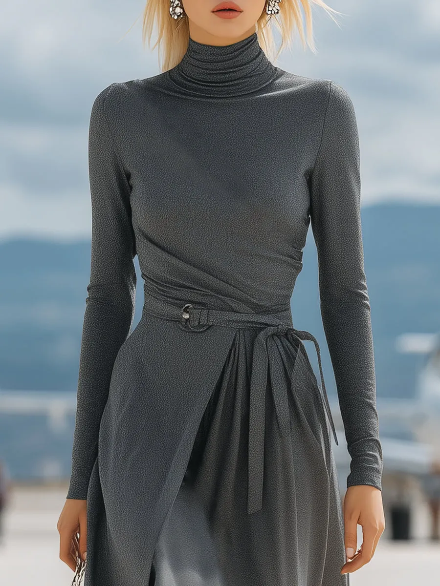 High-neck Casual Gray Tie-up Maxi Dress sold by Oyrosy product image thumbnail 3