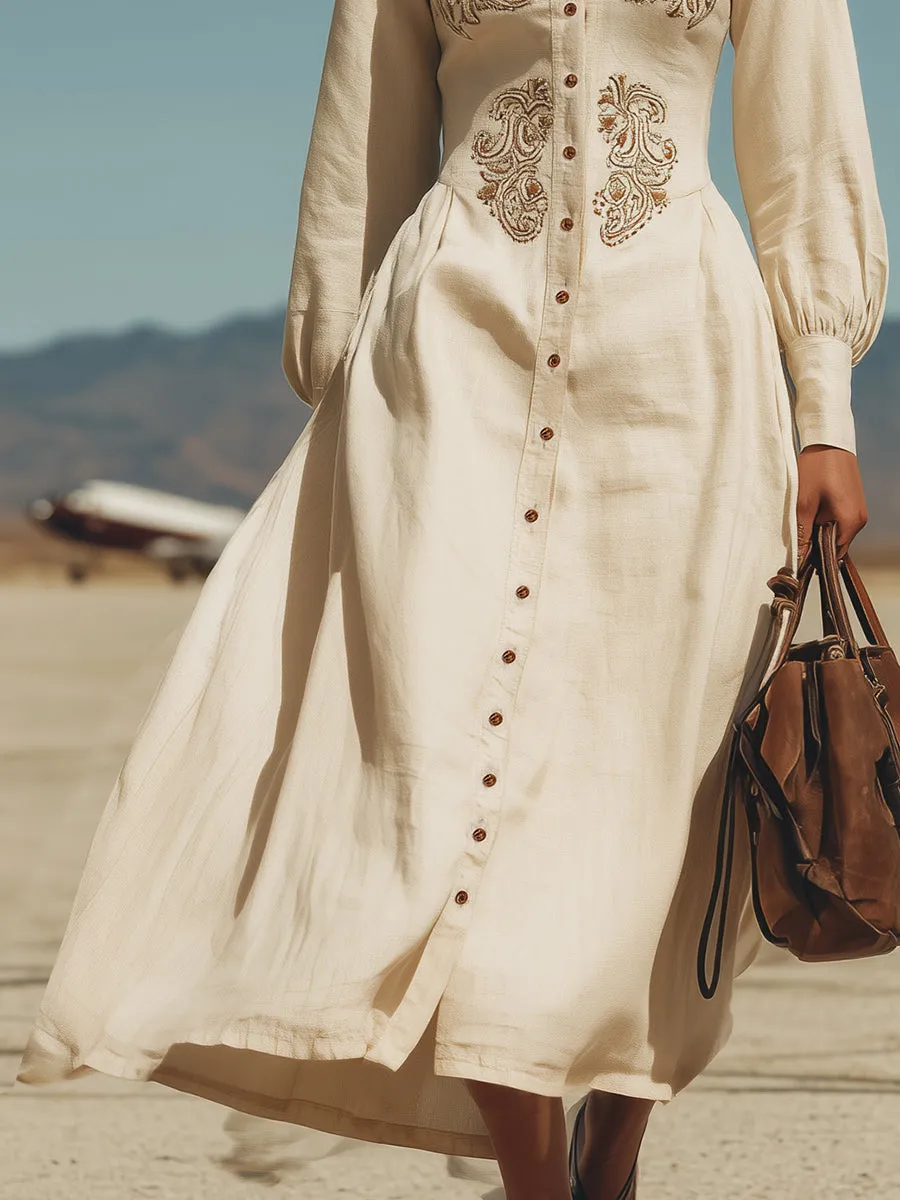 Retro Western Embroidered Beige Cotton Linen Maxi Dress sold by Oyrosy product image thumbnail 4
