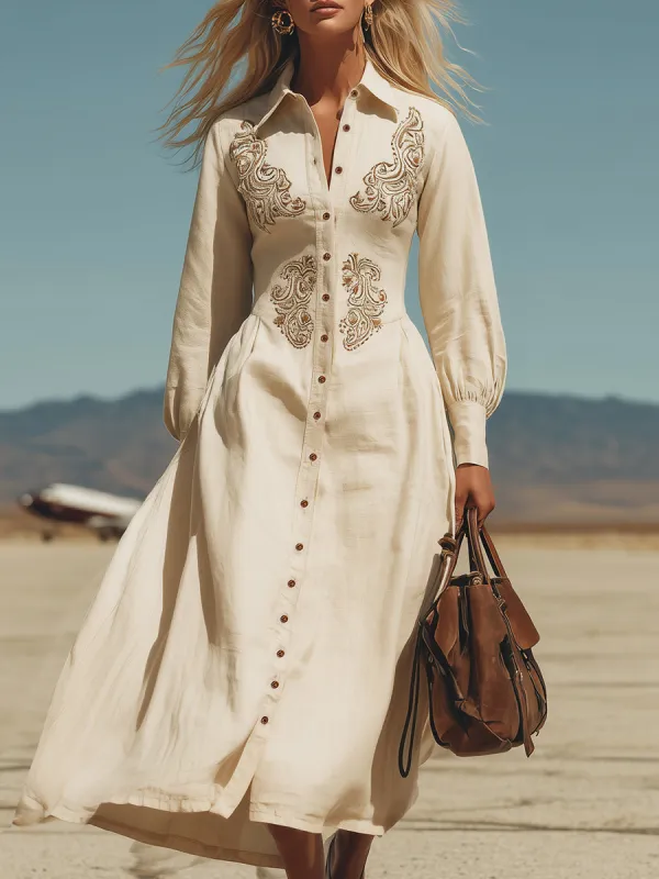 Retro Western Embroidered Beige Cotton Linen Maxi Dress sold by Oyrosy