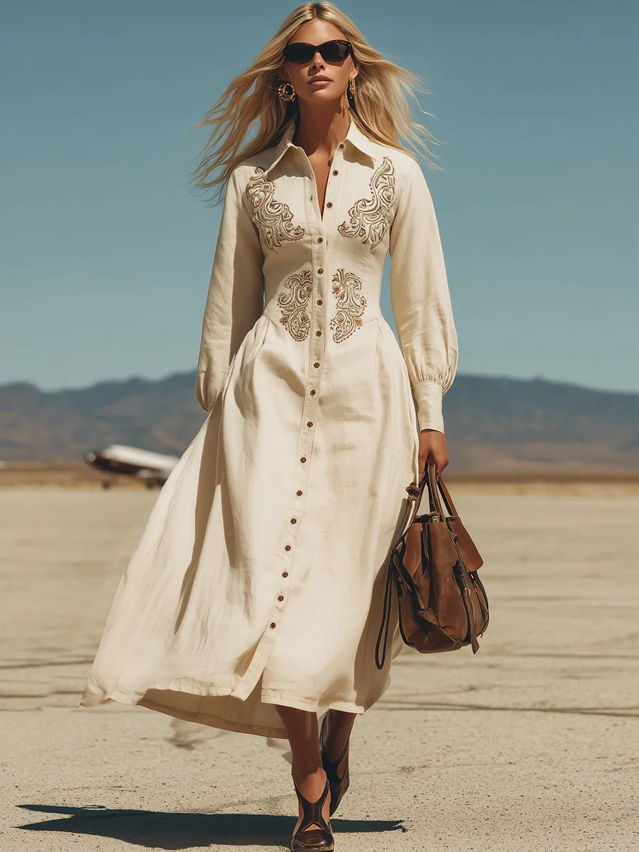 Retro Western Embroidered Beige Cotton Linen Maxi Dress sold by Oyrosy product image thumbnail 2