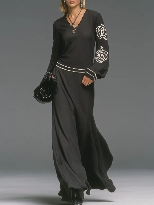 Casual And Stylish White Embroidered V-neck Black Maxi Dress sold by Oyrosy