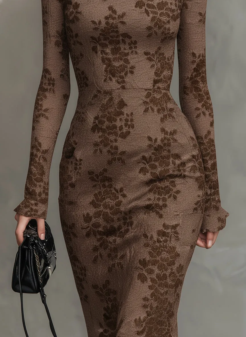 Elegant Brown 3D Floral Elastic Lace Fishtail Maxi Dress sold by Oyrosy product image thumbnail 4