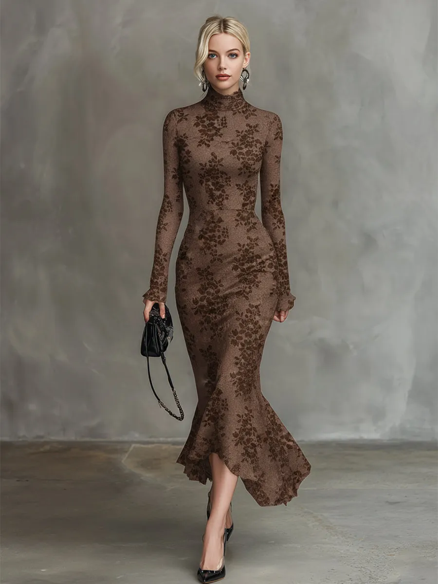 Elegant Brown 3D Floral Elastic Lace Fishtail Maxi Dress sold by Oyrosy product image thumbnail 2