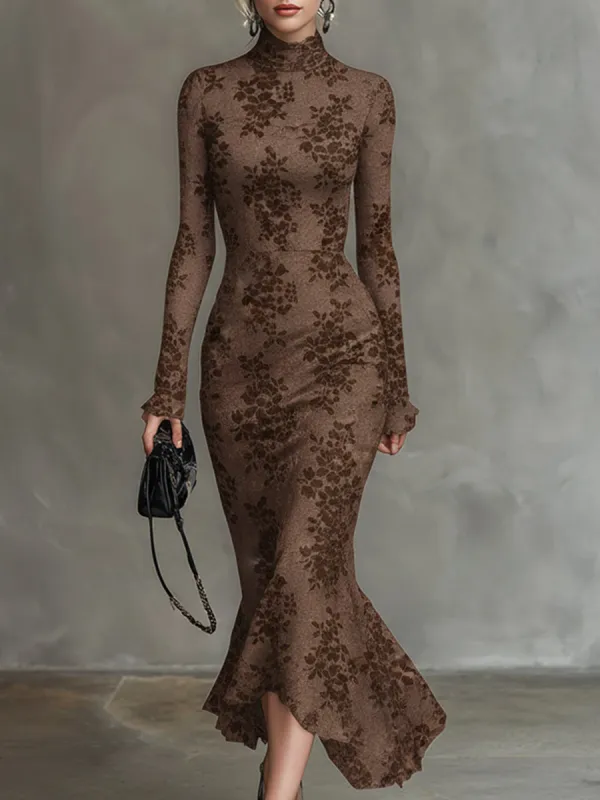 Elegant Brown 3D Floral Elastic Lace Fishtail Maxi Dress sold by Oyrosy