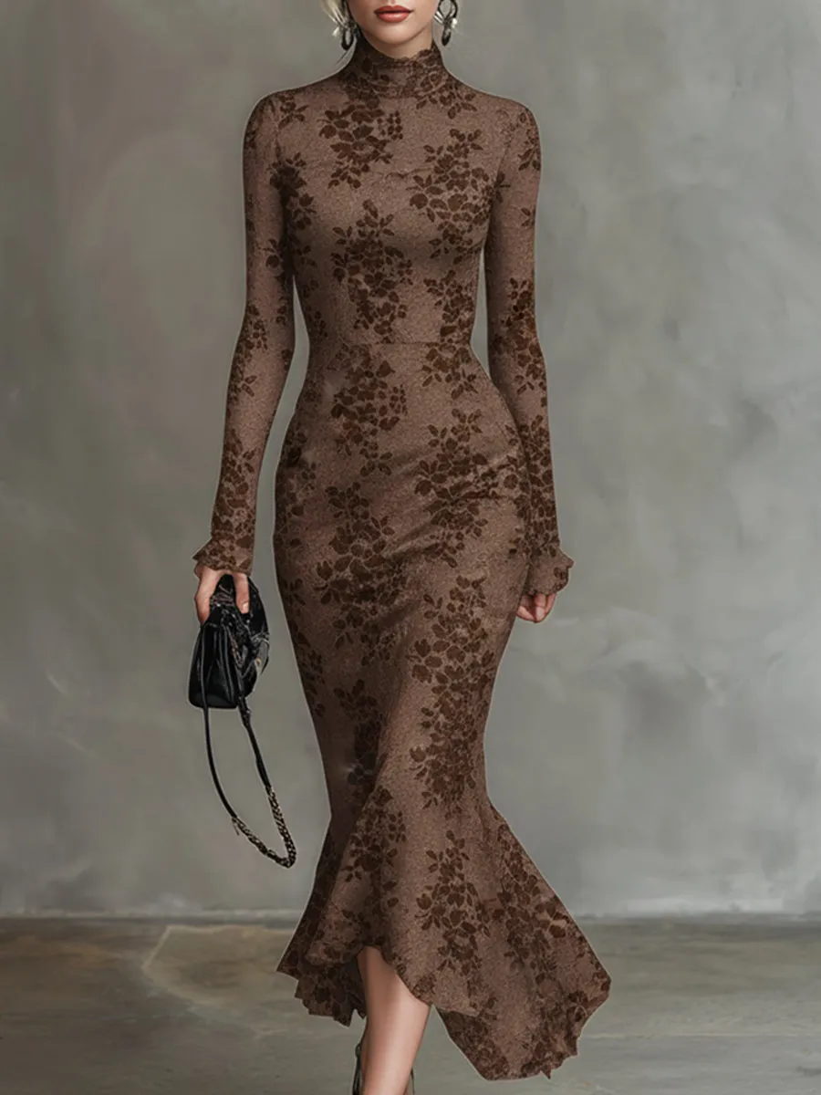Elegant Brown 3D Floral Elastic Lace Fishtail Maxi Dress sold by Oyrosy