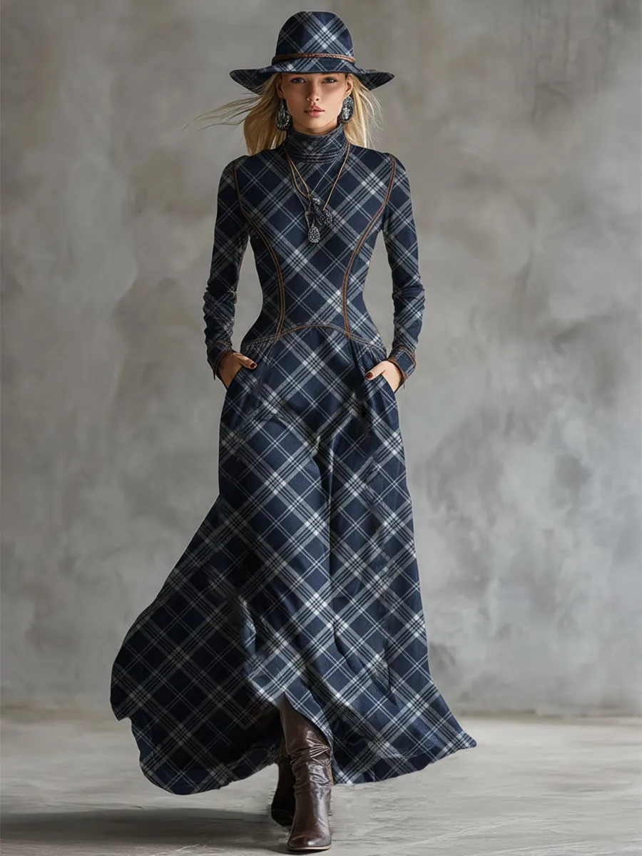Elegant And Unique Stand-up Collar Blue Plaid Denim Maxi Dress sold by Oyrosy product image thumbnail 2