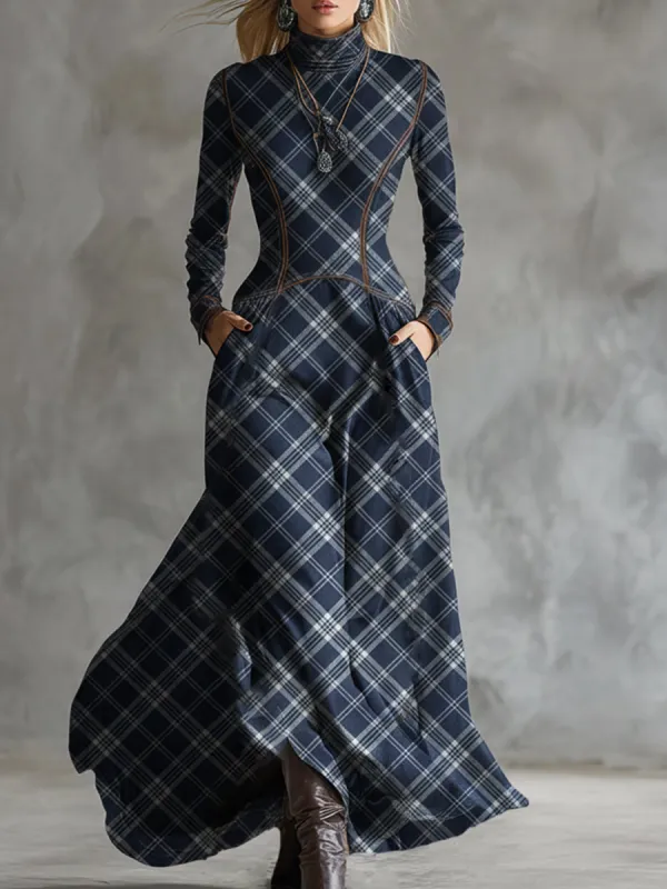 Elegant And Unique Stand-up Collar Blue Plaid Denim Maxi Dress sold by Oyrosy