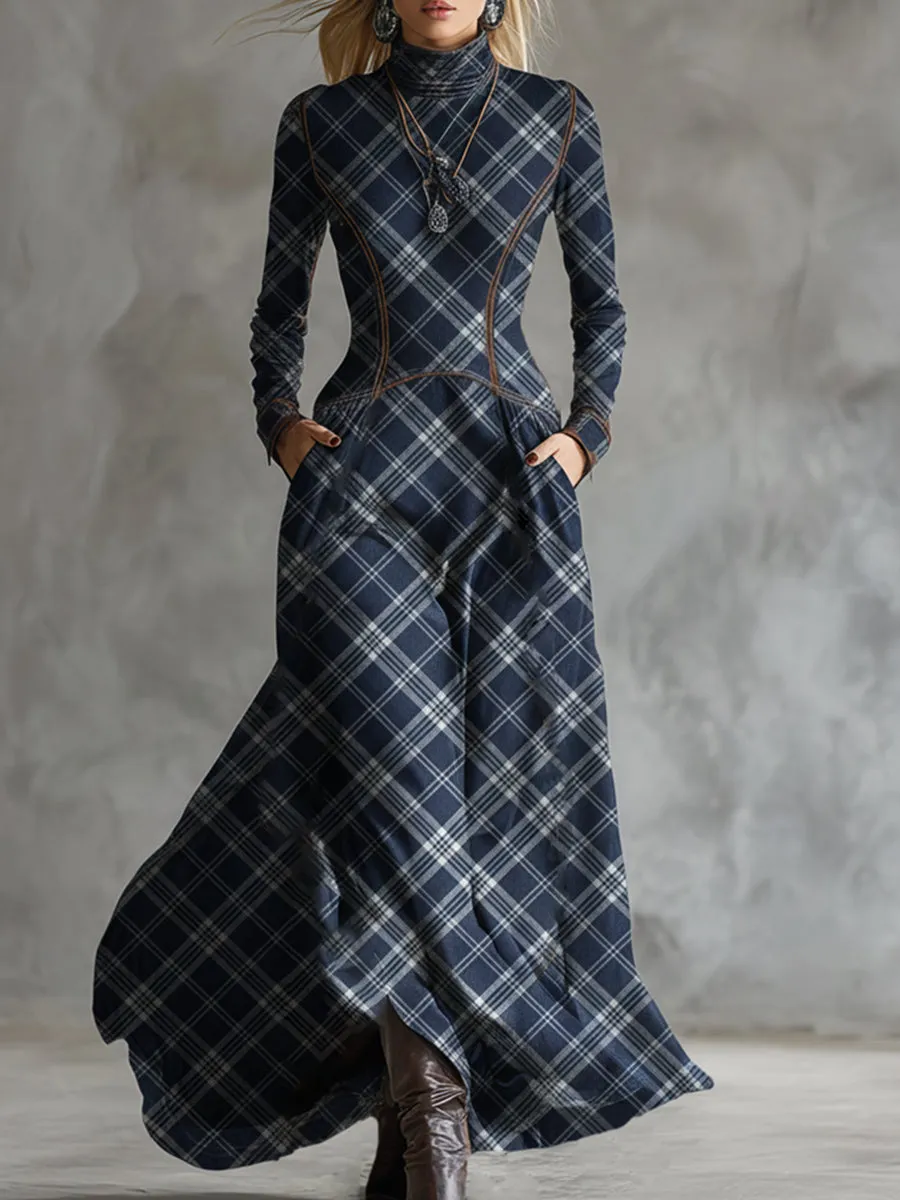 Elegant And Unique Stand-up Collar Blue Plaid Denim Maxi Dress sold by Oyrosy