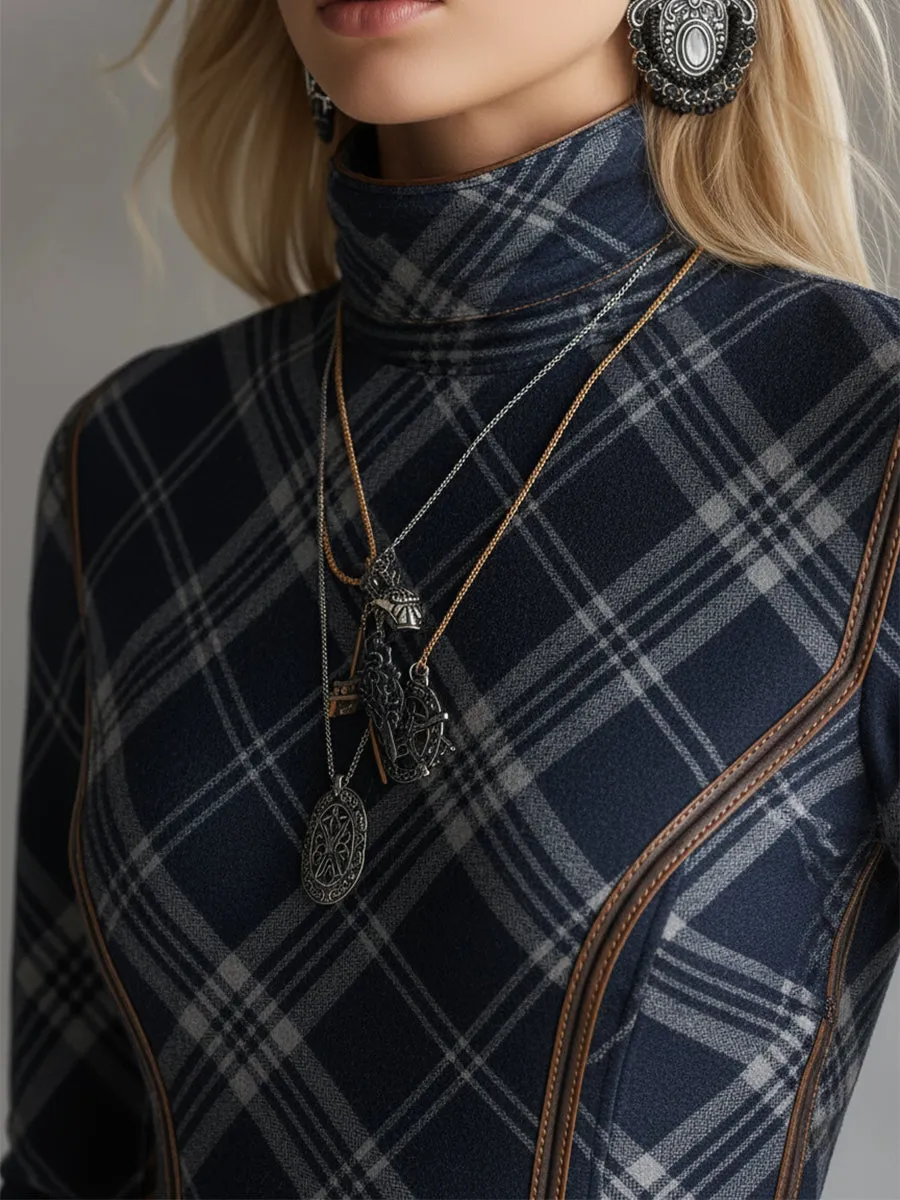 Elegant And Unique Stand-up Collar Blue Plaid Denim Maxi Dress sold by Oyrosy product image thumbnail 3