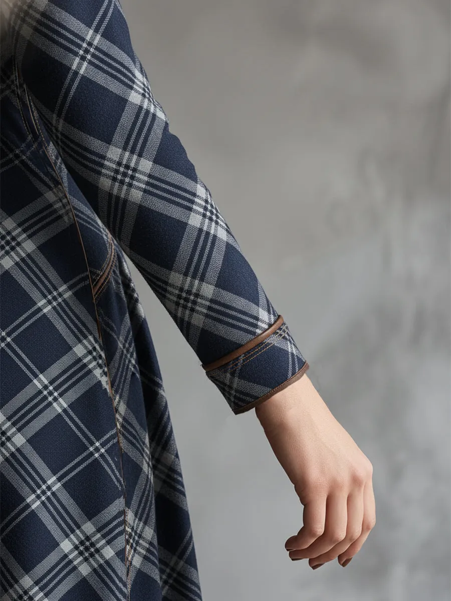 Elegant And Unique Stand-up Collar Blue Plaid Denim Maxi Dress sold by Oyrosy product image thumbnail 4