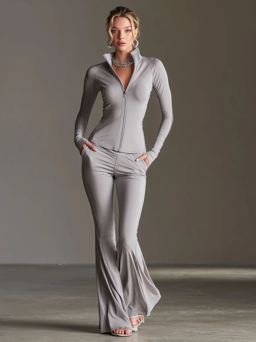 Fashionable Sporty Light Gray Long-sleeved Zip-up Top And Flared Pants Yoga Set sold by Oyrosy product image thumbnail 2