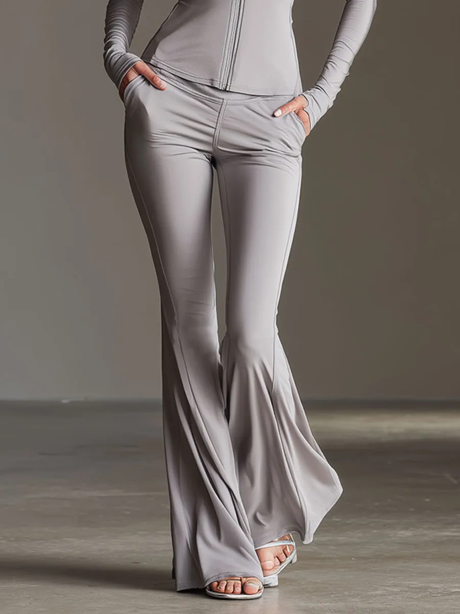 Fashionable Sporty Light Gray Long-sleeved Zip-up Top And Flared Pants Yoga Set sold by Oyrosy product image thumbnail 3