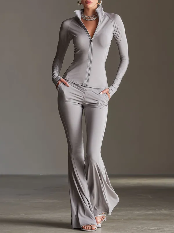 Fashionable Sporty Light Gray Long-sleeved Zip-up Top And Flared Pants Yoga Set made by Oyrosy