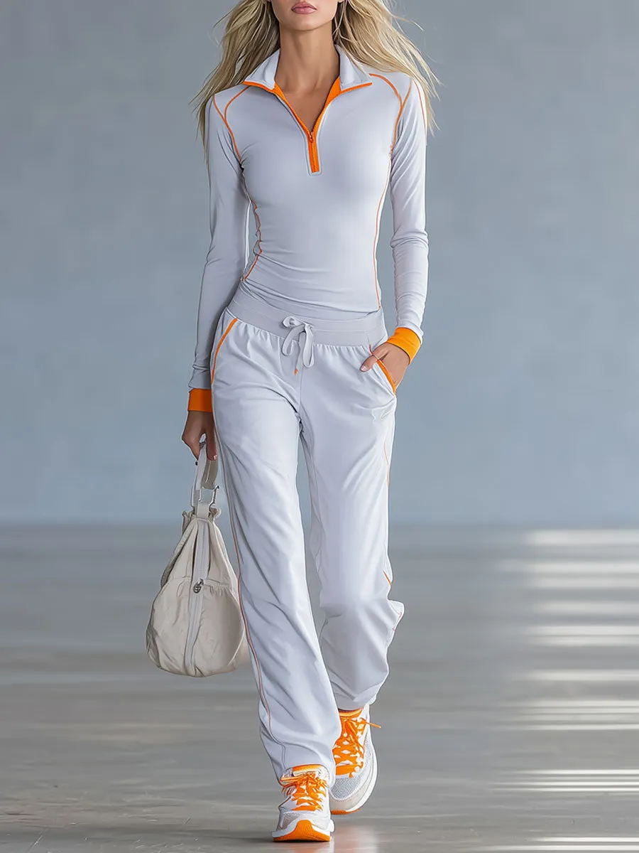 Fashionable Sporty Gray-blue Long-sleeved Half-zip Top And Trousers Set sold by Oyrosy