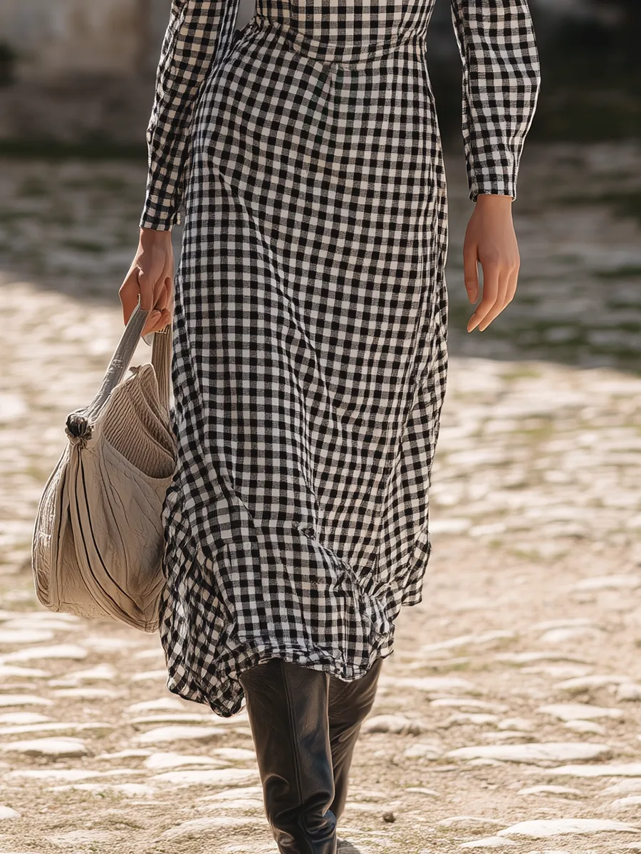 Retro Square Neck Long-sleeved Plaid Midi Dress sold by Oyrosy product image thumbnail 4