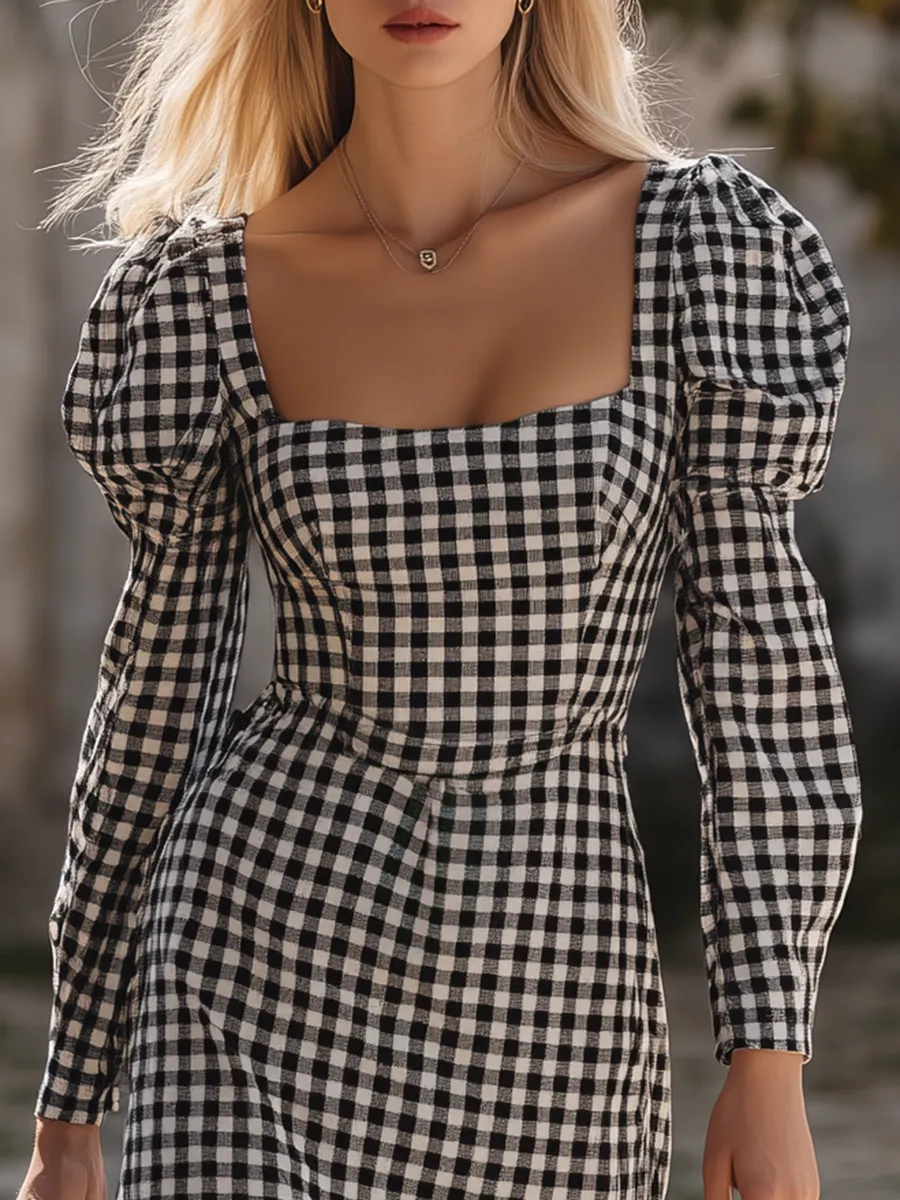 Retro Square Neck Long-sleeved Plaid Midi Dress sold by Oyrosy product image thumbnail 3