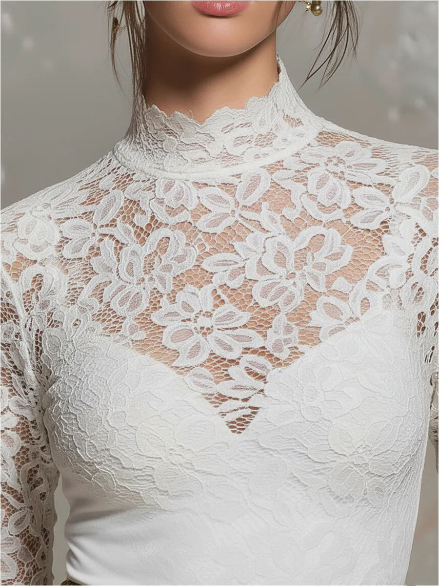 Stylish Elegant Stand-up Collar Lace Long Sleeve T-shirt sold by Oyrosy product image thumbnail 3