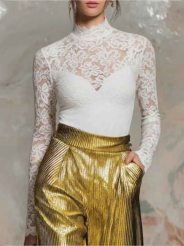 Stylish Elegant Stand-up Collar Lace Long Sleeve T-shirt sold by Oyrosy