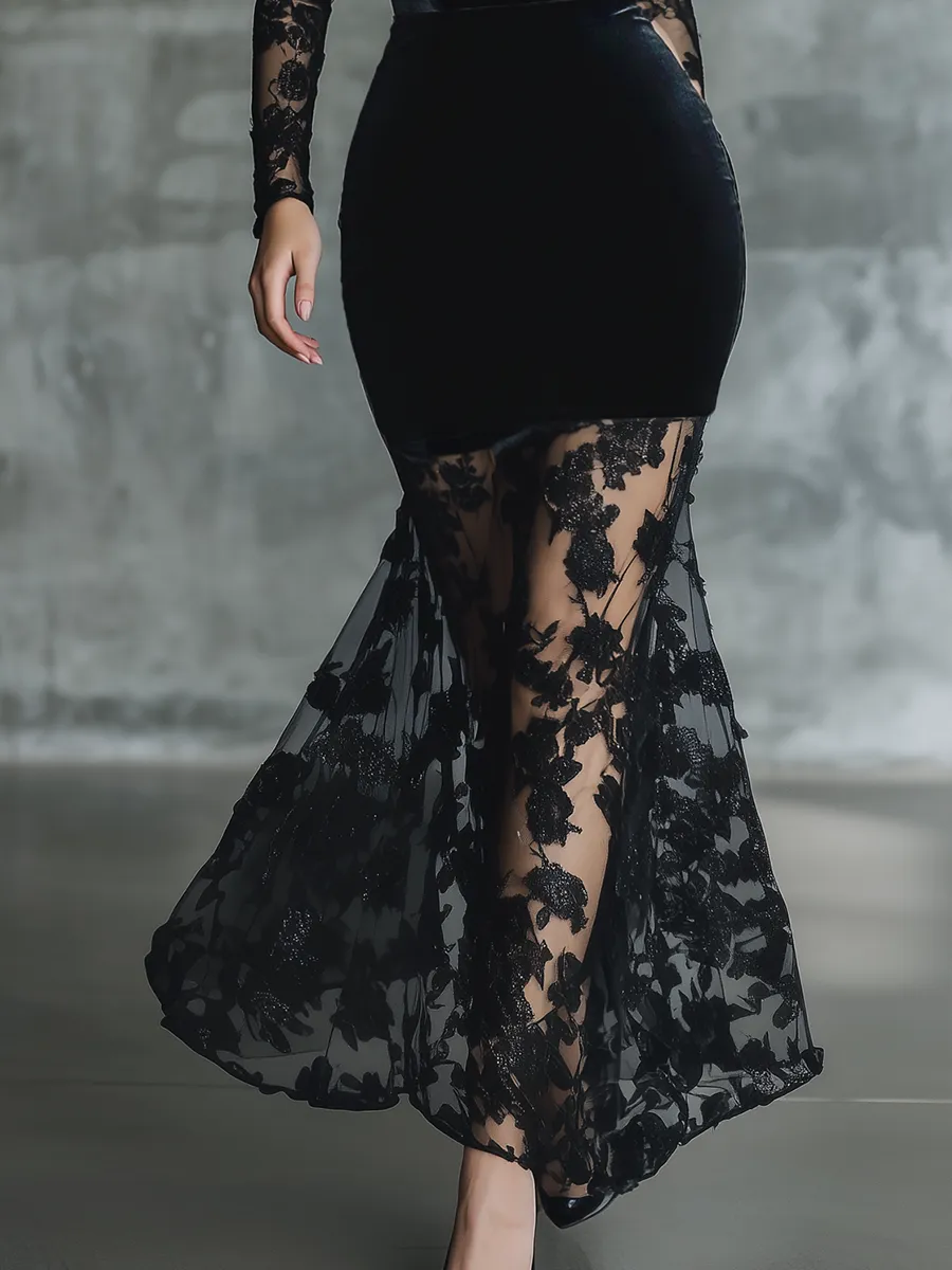 Elegant Cocktail Black Lace-trimmed Velvet Maxi Dress sold by Oyrosy product image thumbnail 4