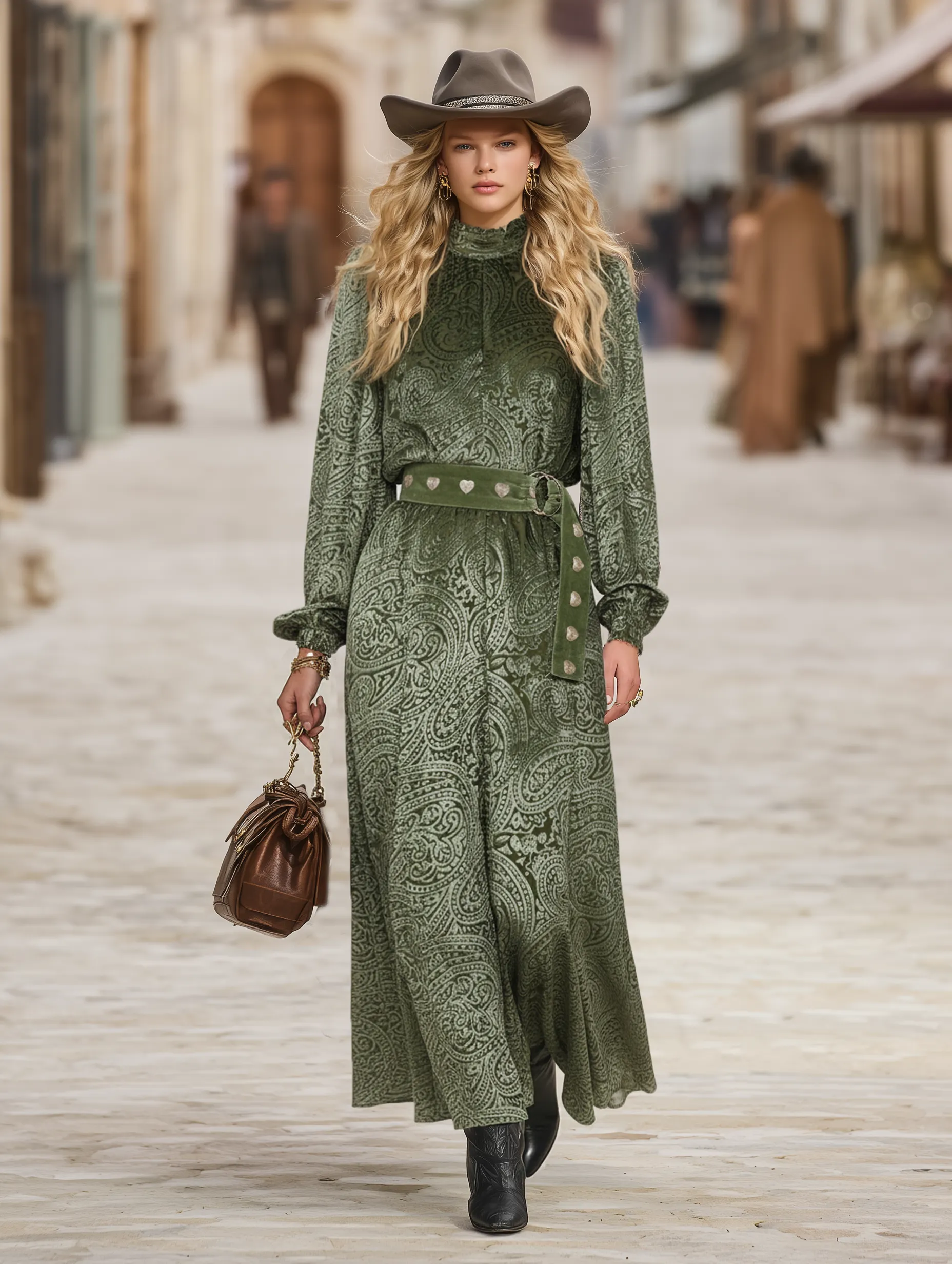 Retro Western Style Velvet Cashew Embossed Green Maxi Dress sold by Oyrosy product image thumbnail 2