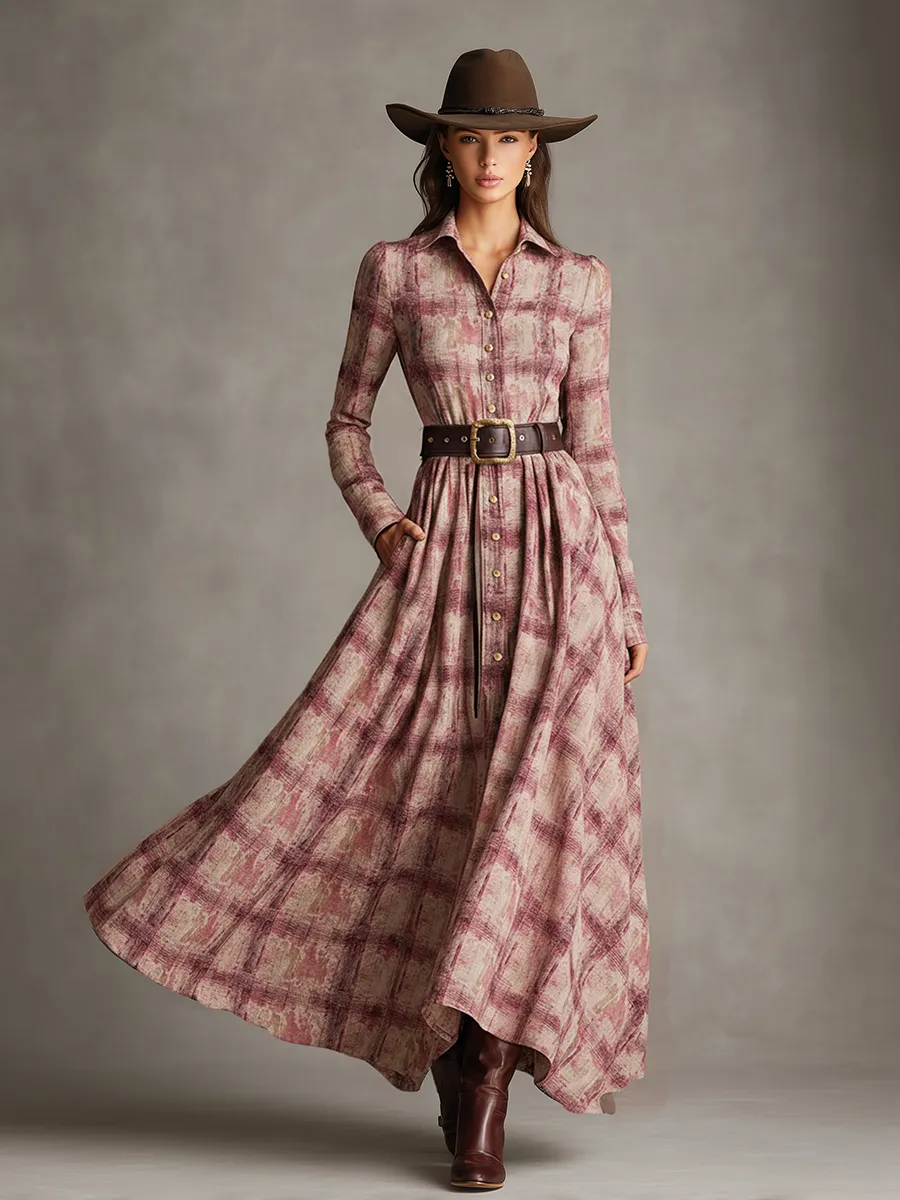 Retro Western Pink Long-Sleeved Maxi Dress sold by Oyrosy product image thumbnail 2