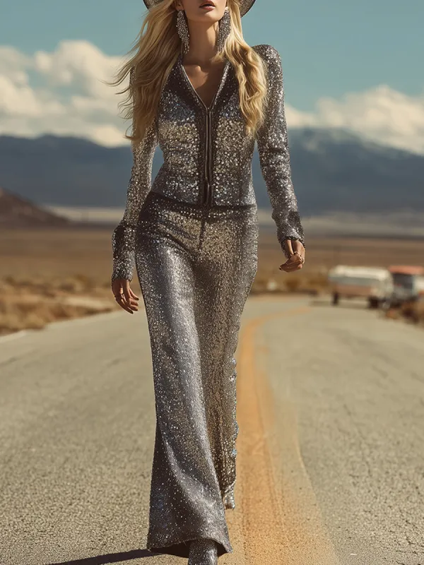 Unique Retro Silver Sequined Front Zipper Top And Wide-leg Pants Set sold by Oyrosy