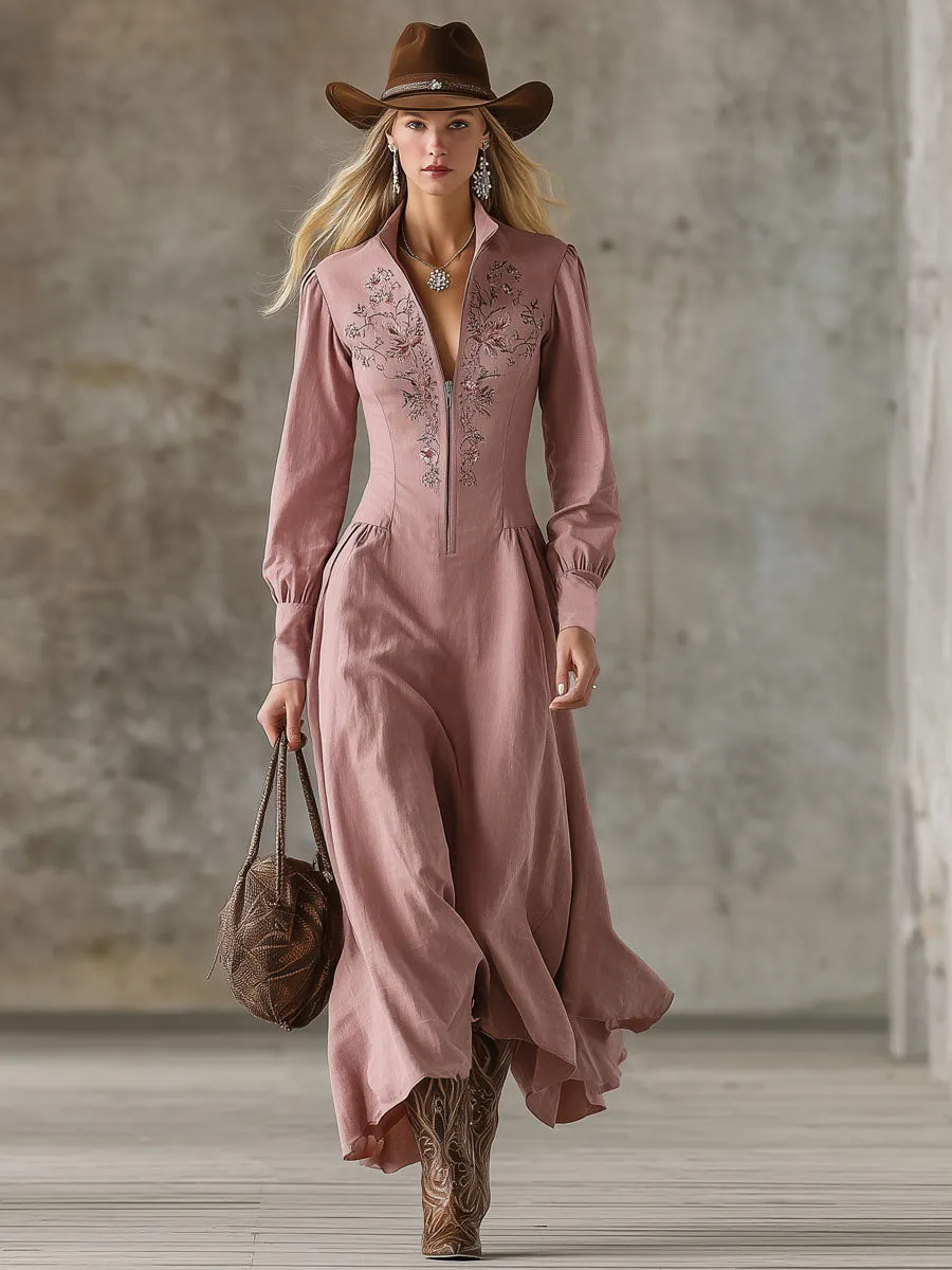 Stand-up Collar Zipper Cotton Linen Embroidered Long-sleeved Maxi Dress sold by Oyrosy product image thumbnail 4