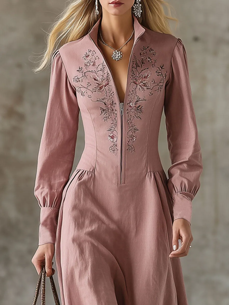 Stand-up Collar Zipper Cotton Linen Embroidered Long-sleeved Maxi Dress sold by Oyrosy product image thumbnail 2