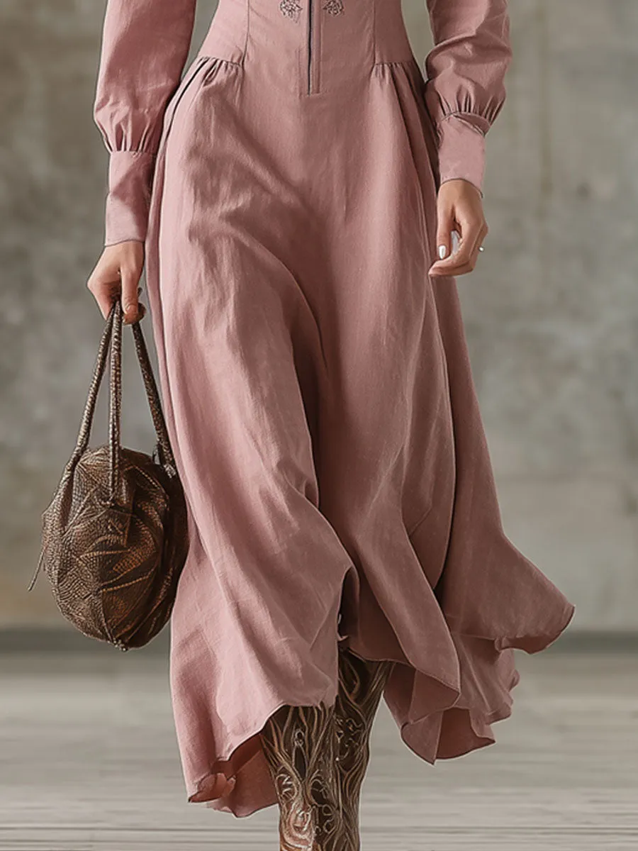 Stand-up Collar Zipper Cotton Linen Embroidered Long-sleeved Maxi Dress sold by Oyrosy product image thumbnail 3