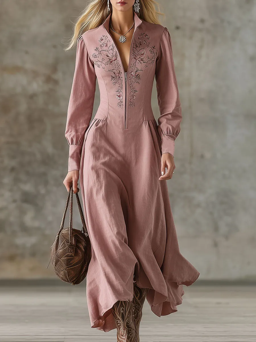 Stand-up Collar Zipper Cotton Linen Embroidered Long-sleeved Maxi Dress sold by Oyrosy
