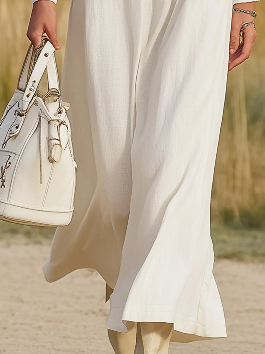 White Western Linen Embroidered Elastic Maxi Dress sold by Oyrosy product image thumbnail 3