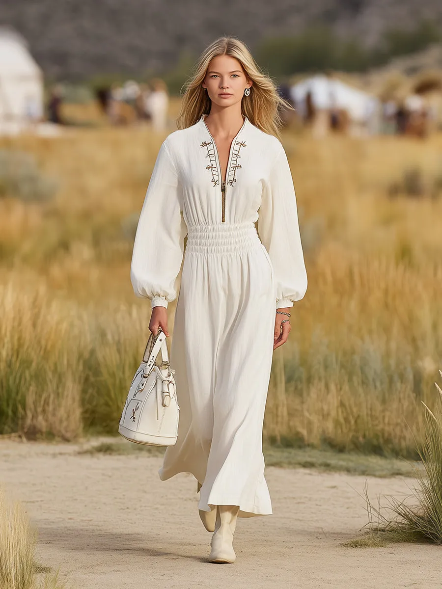 White Western Linen Embroidered Elastic Maxi Dress sold by Oyrosy product image thumbnail 2