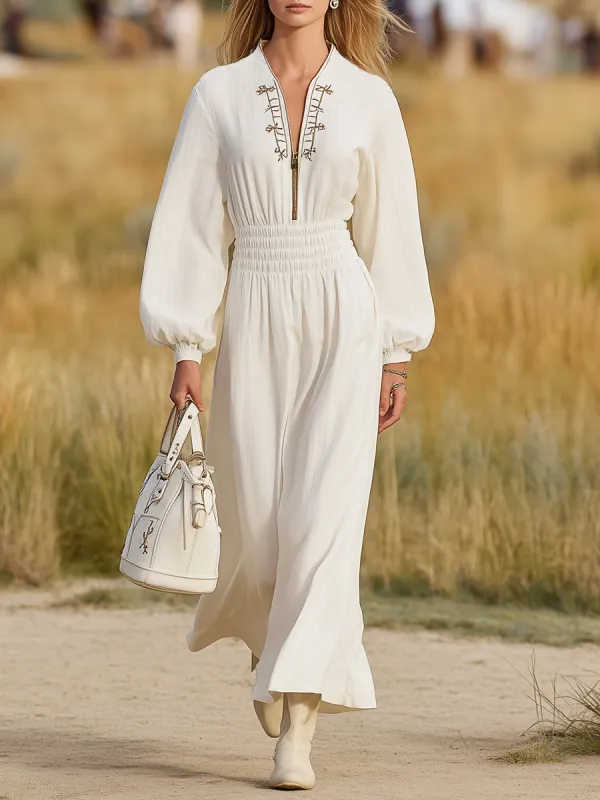 White Western Linen Embroidered Elastic Maxi Dress sold by Oyrosy