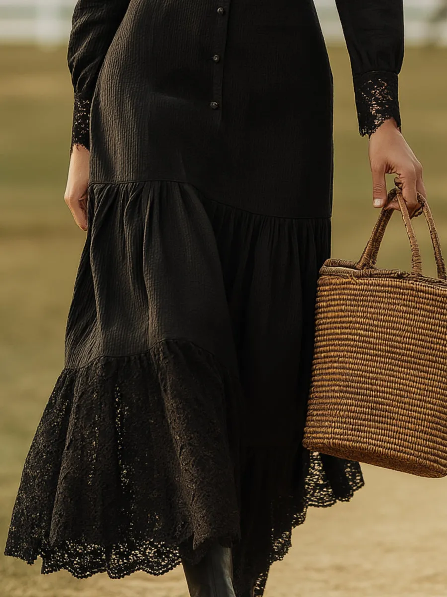 Vintage Black Linen Patchwork Lace Maxi Dress sold by Oyrosy product image thumbnail 3