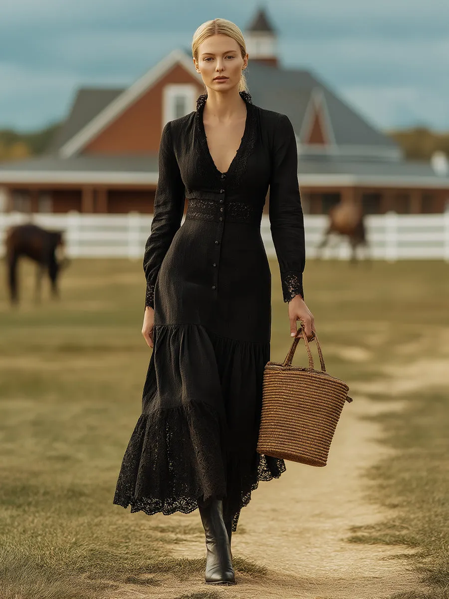 Vintage Black Linen Patchwork Lace Maxi Dress sold by Oyrosy product image thumbnail 2