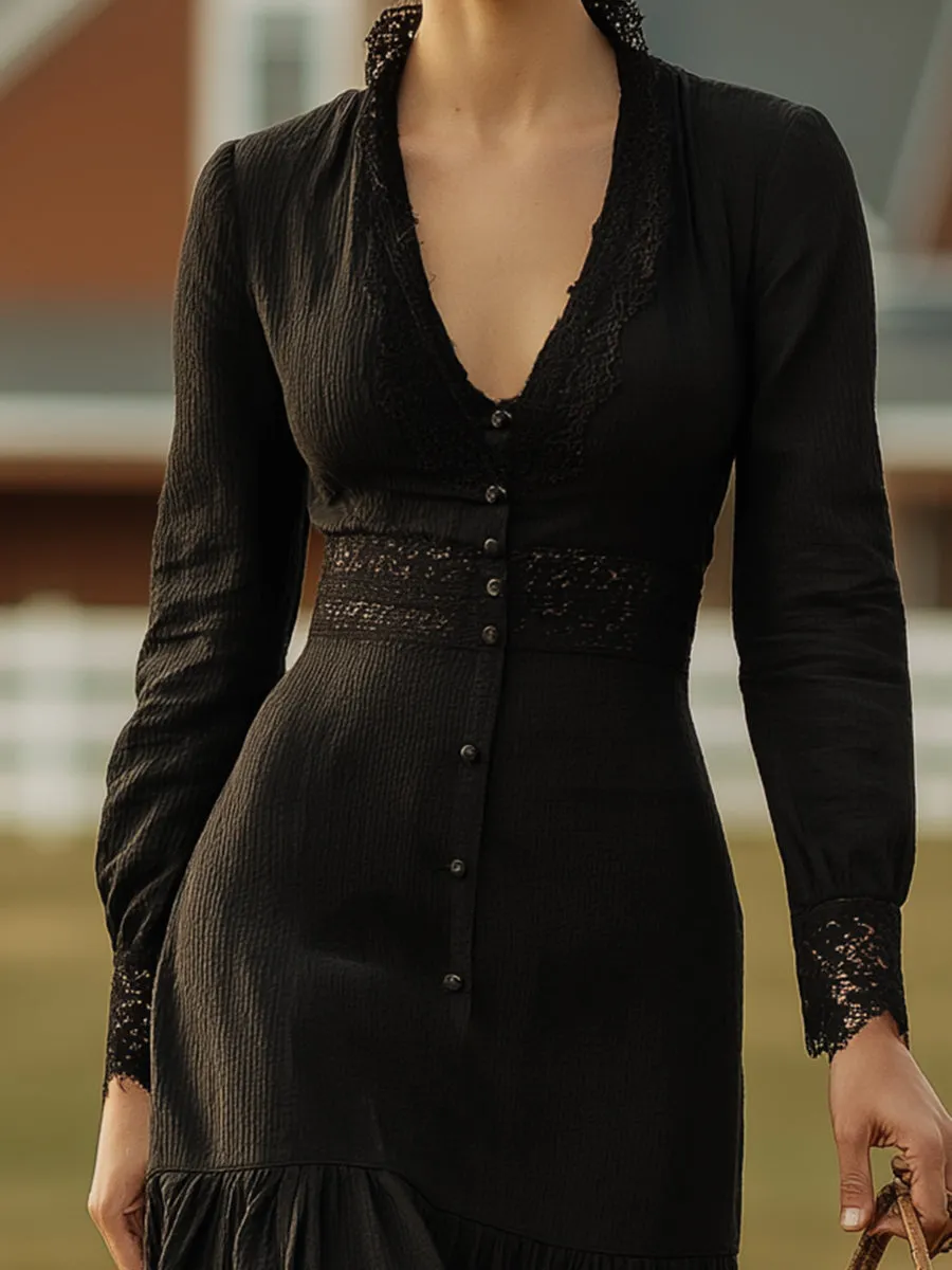 Vintage Black Linen Patchwork Lace Maxi Dress sold by Oyrosy product image thumbnail 4