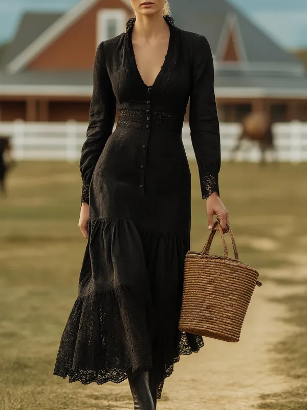 Vintage Black Linen Patchwork Lace Maxi Dress sold by Oyrosy