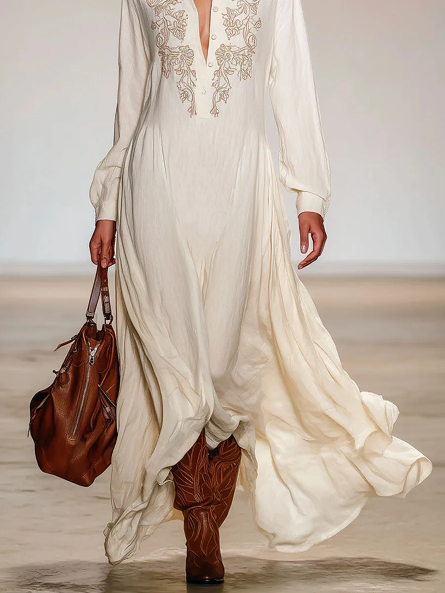 Lapel Half-open Button Cotton Linen Embroidered Long-sleeved Maxi Dress sold by Oyrosy product image thumbnail 2