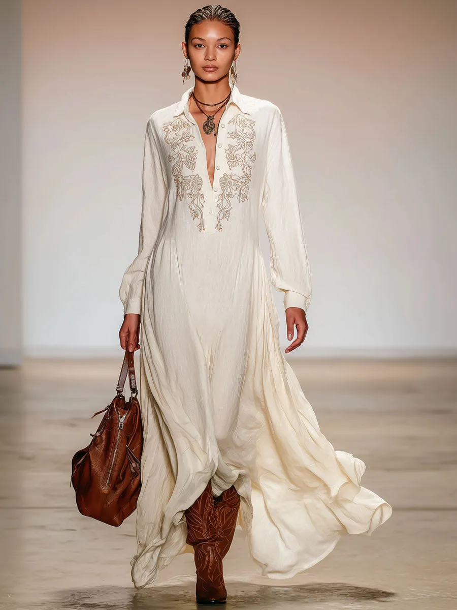 Lapel Half-open Button Cotton Linen Embroidered Long-sleeved Maxi Dress sold by Oyrosy product image thumbnail 4