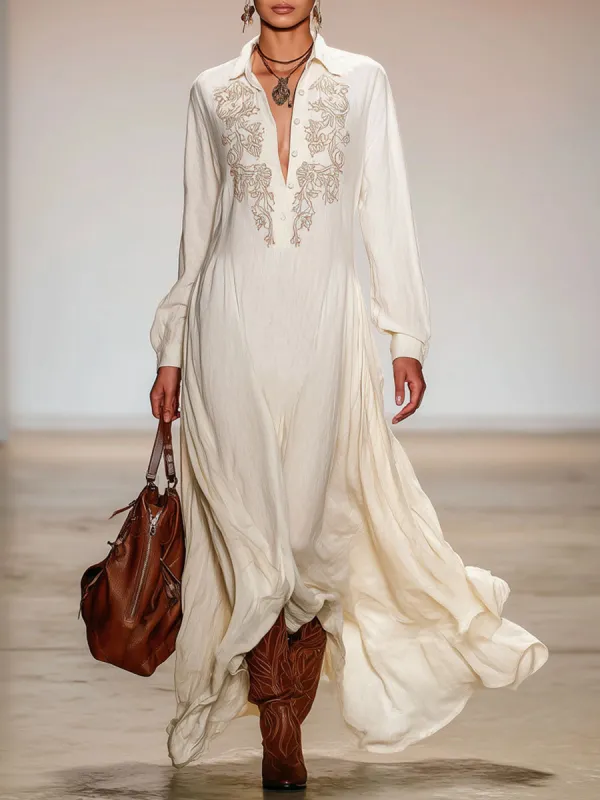 Lapel Half-open Button Cotton Linen Embroidered Long-sleeved Maxi Dress sold by Oyrosy