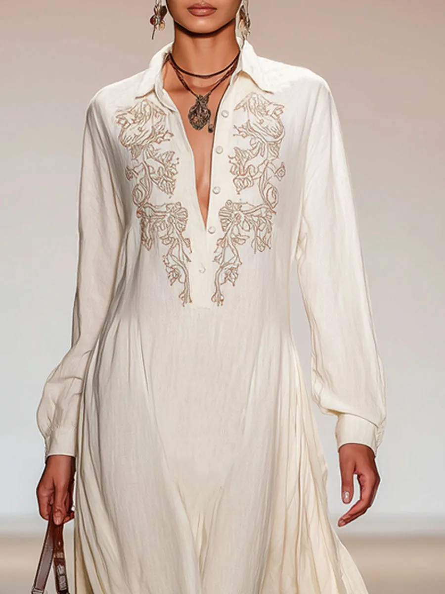 Lapel Half-open Button Cotton Linen Embroidered Long-sleeved Maxi Dress sold by Oyrosy product image thumbnail 3