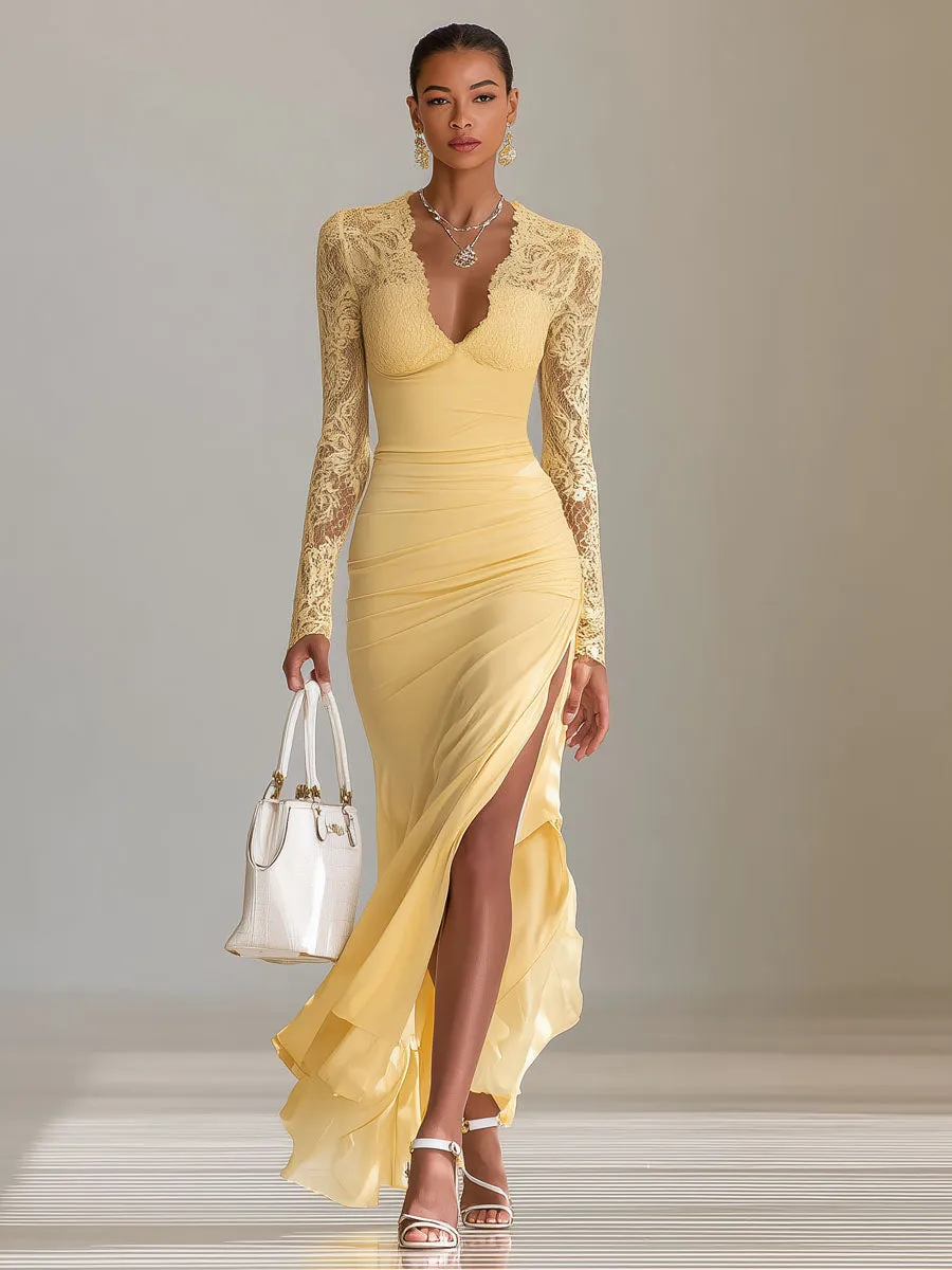 Elegant V-neck Lace-trimmed Long-sleeved Maxi Dress sold by Oyrosy product image thumbnail 4