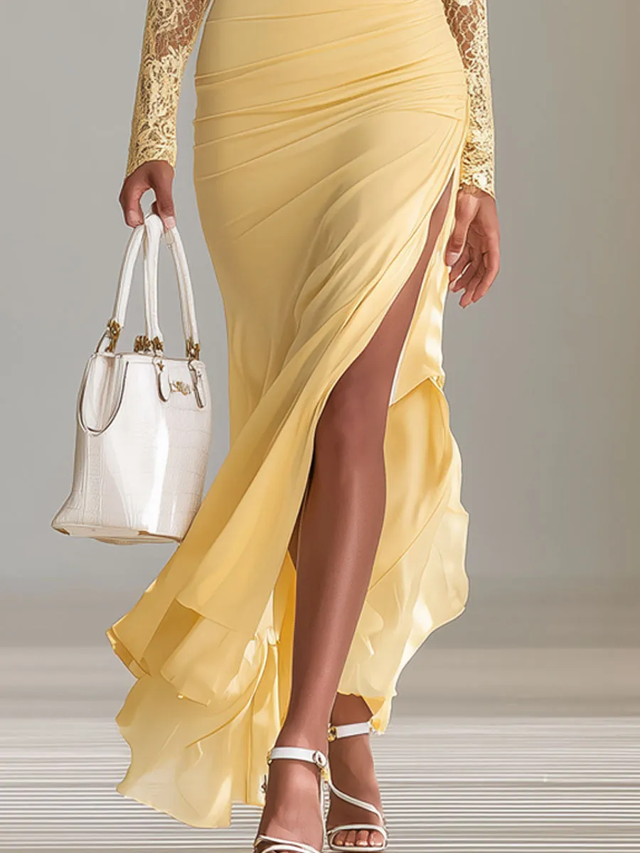 Elegant V-neck Lace-trimmed Long-sleeved Maxi Dress sold by Oyrosy product image thumbnail 3