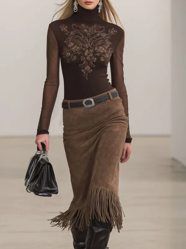 High-neck Embroidered Long-sleeved T-shirt And Faux Suede Tassel Skirt Set sold by Oyrosy