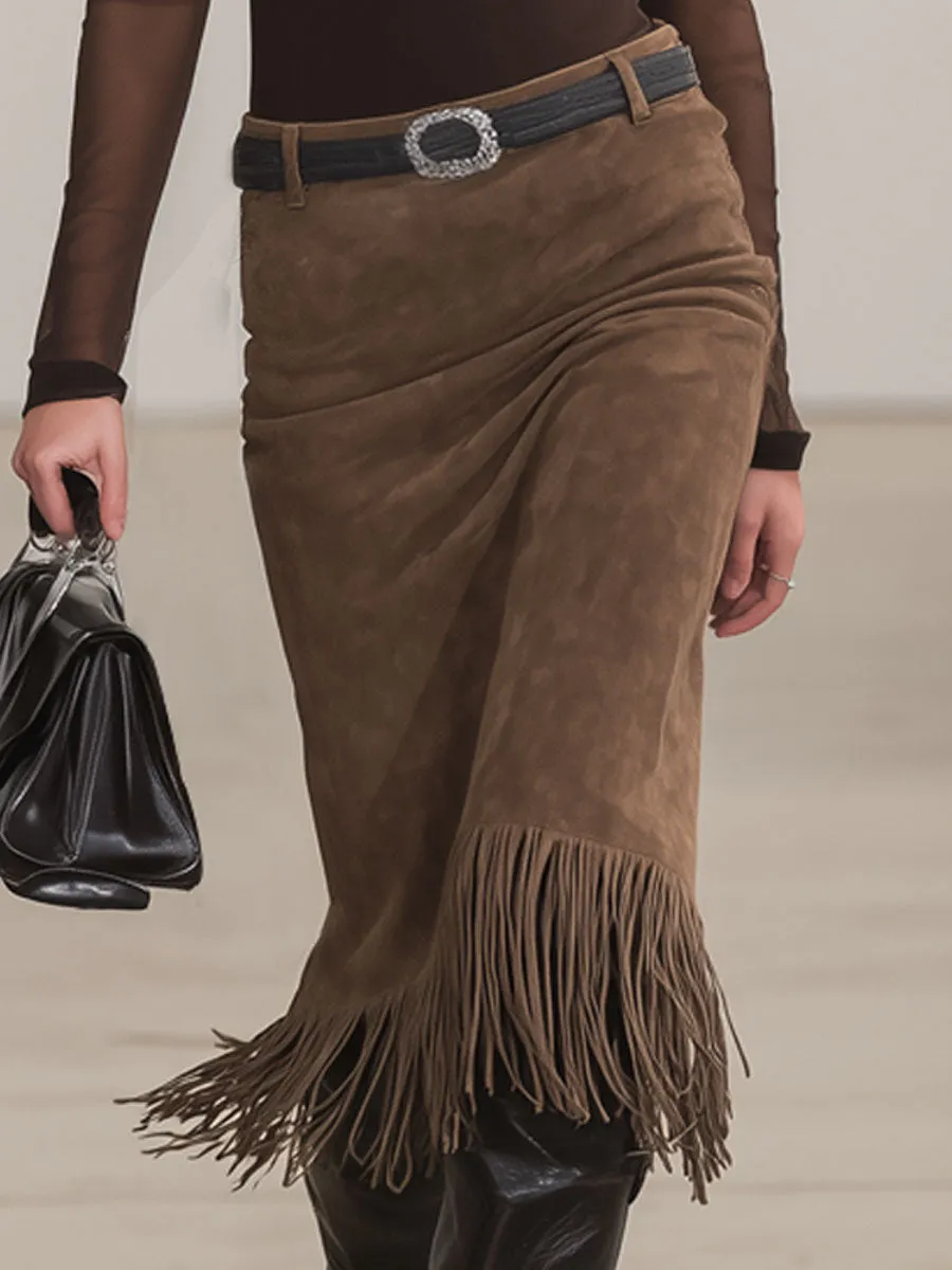 High-neck Embroidered Long-sleeved T-shirt And Faux Suede Tassel Skirt Set sold by Oyrosy product image thumbnail 3